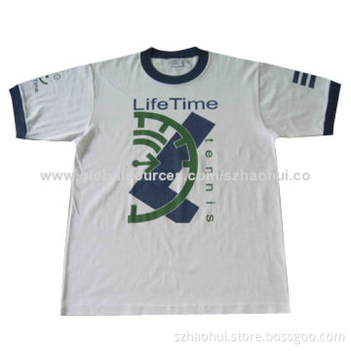 Men's ribbed neck cotton T-shirt with silkscreen print logo, OEM manufacturer for custom designs